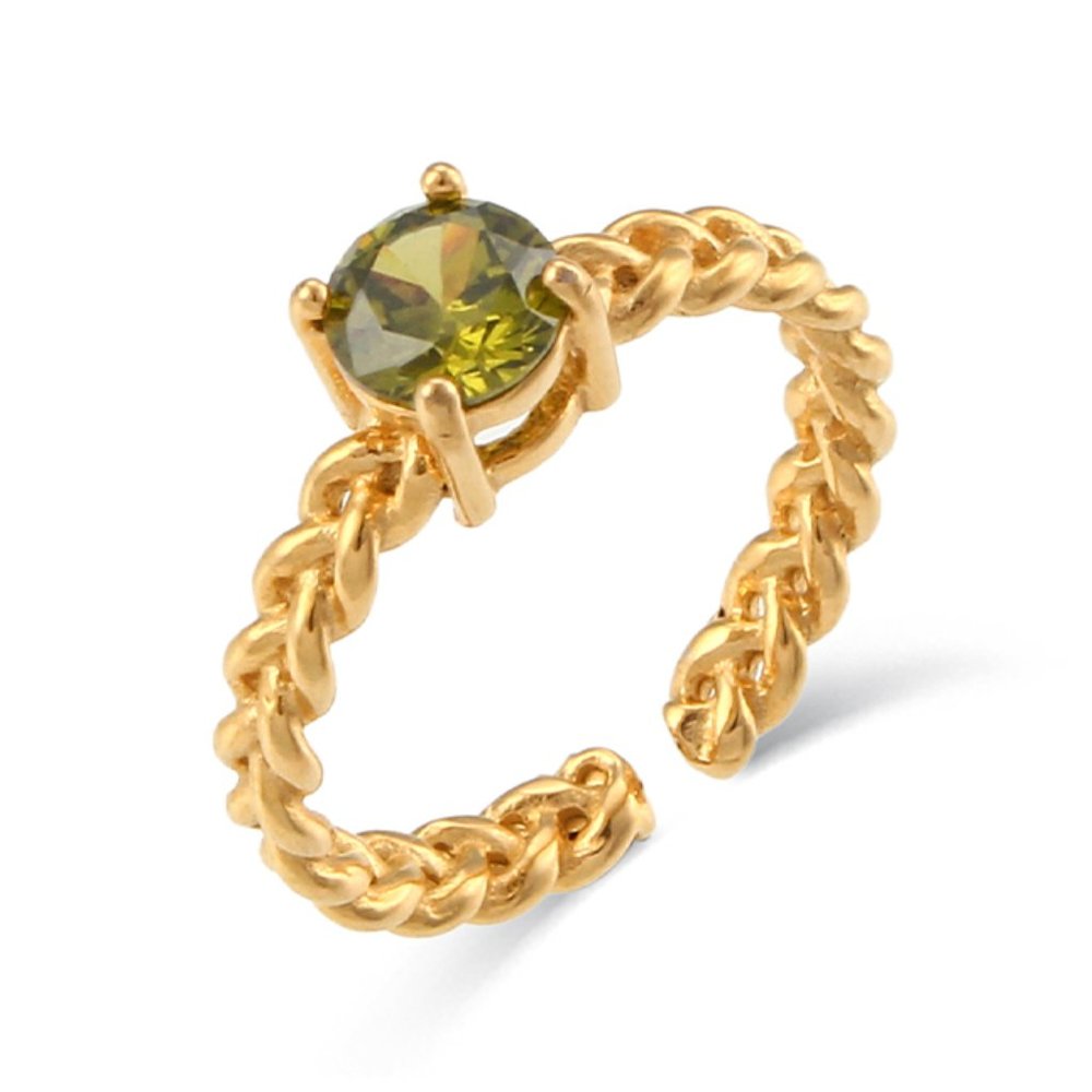 Olive Green Cubic Zirconia Woven Chain Adjustable Ring 18K Gold Plated‎ Steel